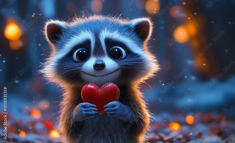 Raccoon with heart in a magical forest. A charming raccoon stands in a mystical forest, holding a bright red heart, surrounded by soft glowing lights and a snowy backdrop. Raccoon with heart in a magical forest. A charming raccoon stands in a mystical forest, holding a bright red heart, surrounded by soft glowing lights and a snowy backdrop.