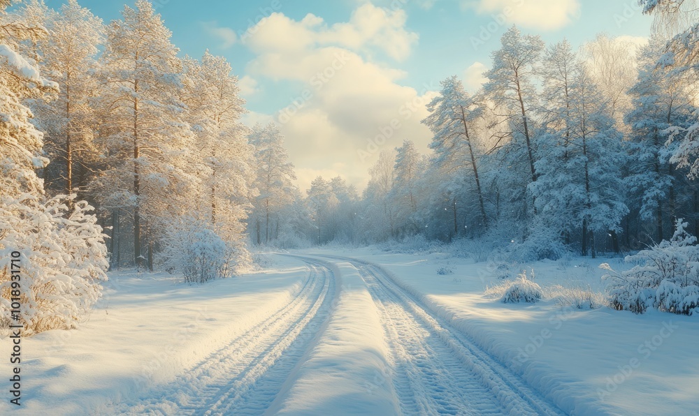 Sleigh tracks in freshly fallen snow leading through a quiet forest on a bright winter morning Sleigh tracks in freshly fallen snow leading through a quiet forest on a bright winter morning
