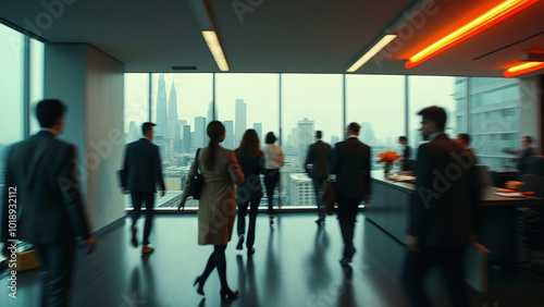 Silhouettes of People Walking Past City Skyline at Twilight