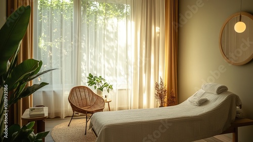 A minimalist, modern spa treatment room with a white massage table, a woven chair, a round mirror, and a large window with sheer curtains letting in natural sunlight.