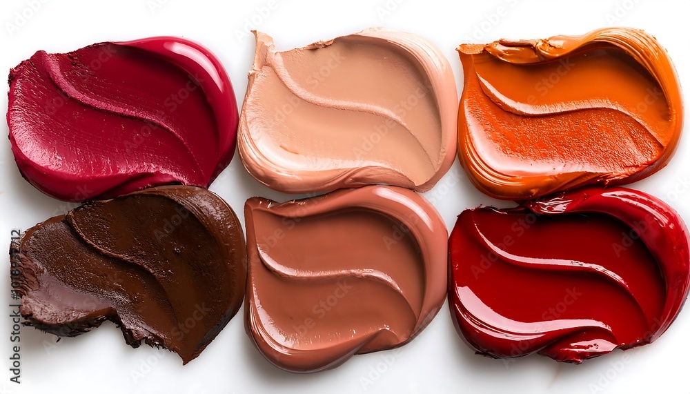 A collection of warm-toned lipstick smears in reds, oranges, and browns arranged in a creative layout. Generative AI A collection of warm-toned lipstick smears in reds, oranges, and browns arranged in a creative layout. Generative AI
