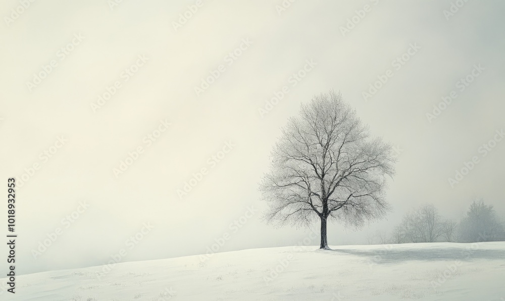 Naklejka premium Serene snow-covered meadow with a single tree standing tall under a pale winter sky