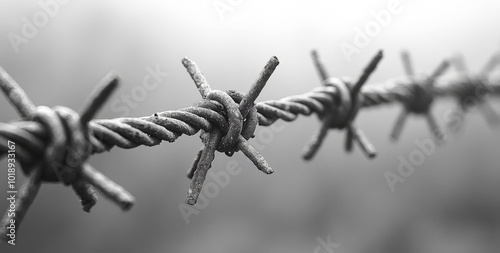 Barbed wire fence stretching across a foggy field. A close-up of barbed wire rusting in a foggy field, capturing the bleakness of a quiet, overcast day in nature.