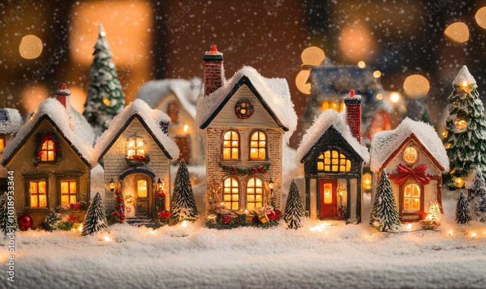Snow-Dusted Christmas Village with Lit Windows and Cheerful Holiday Decorations Snow-Dusted Christmas Village with Lit Windows and Cheerful Holiday Decorations
