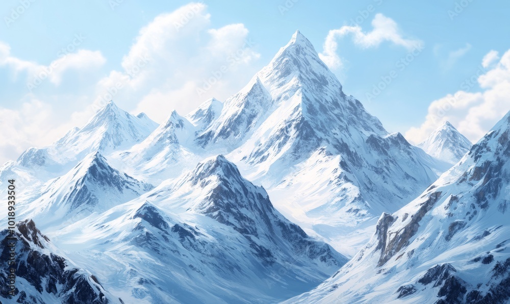 Obraz premium Serene winter mountain range with snow-covered peaks rising into a pale blue sky