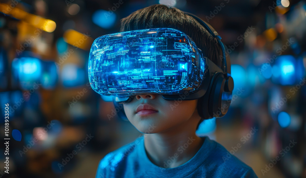 Child exploring VR at gaming center. A young child wears a virtual reality headset, immersed in an interactive digital world at a gaming center filled with screens. Child exploring VR at gaming center. A young child wears a virtual reality headset, immersed in an interactive digital world at a gaming center filled with screens.