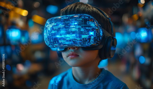 Child exploring VR at gaming center. A young child wears a virtual reality headset, immersed in an interactive digital world at a gaming center filled with screens.