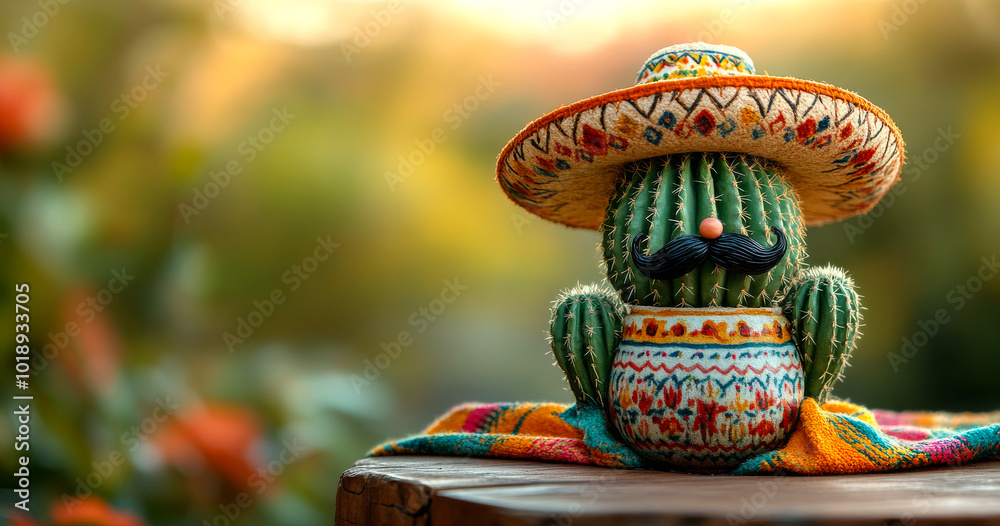 Naklejka premium Cactus in sombrero and mustache outside. A charming cactus dressed in a colorful sombrero and mustache sits on a table, surrounded by vibrant greenery during sunset.