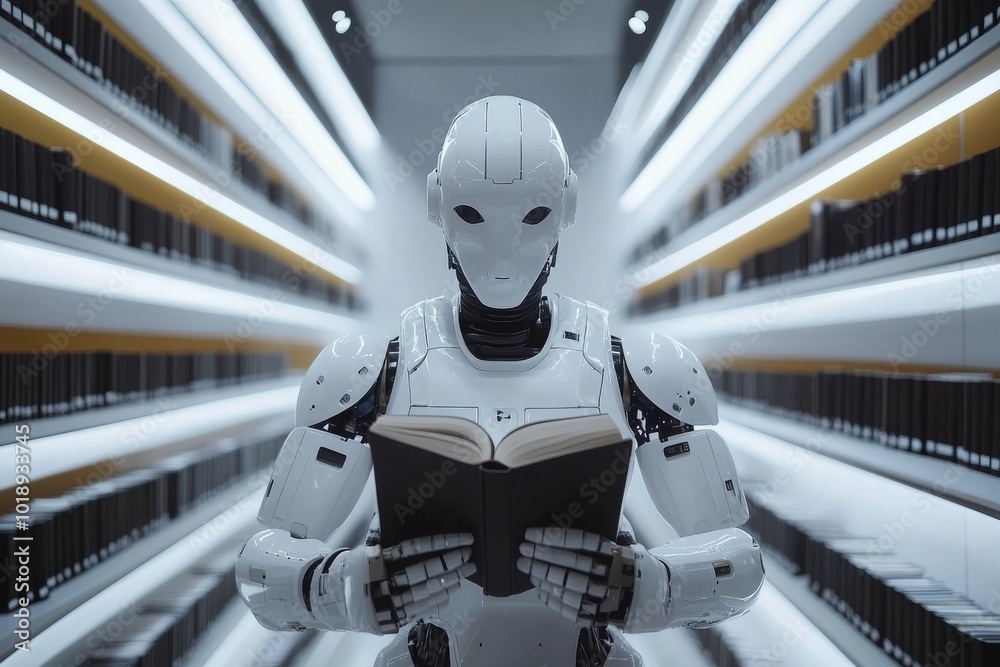 Fototapeta premium Robot Librarian - Futuristic Artificial Intelligence in the Library