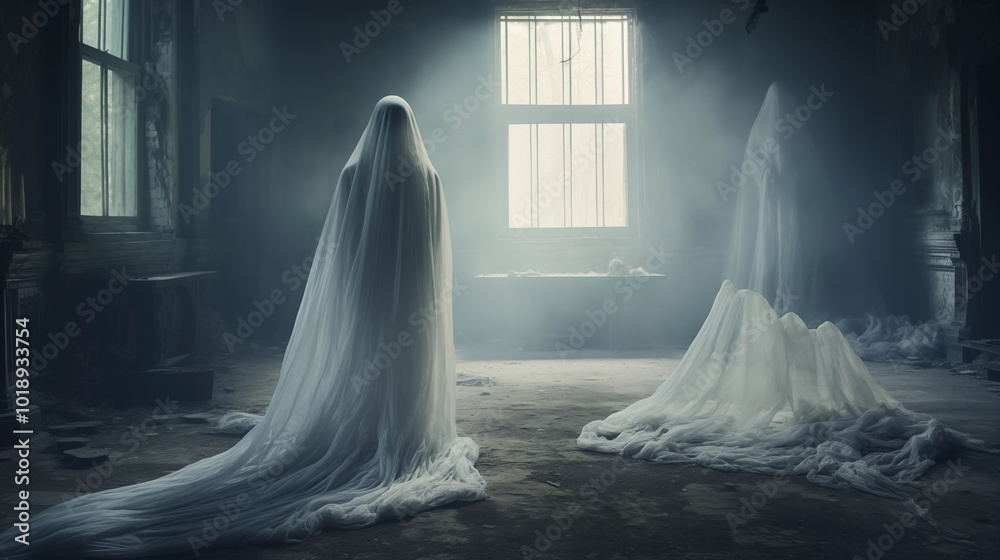 Ghost in Abandoned Castle Hall Ghost in Abandoned Castle Hall