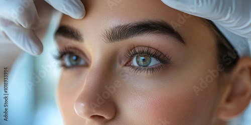 close-up image of a beauty specialist using gloves to inject neurotoxin or dermal filler into the upper eyelid area, enhancing skin and reducing wrinkles for a youthful appearance photo