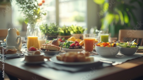  brunch table setting with various breakfast dishes