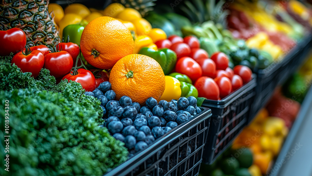 Lively market of fresh fruits and veggies. A colorful assortment of fruits and vegetables fills the market shelves, showcasing freshness and variety for shoppers to enjoy. Lively market of fresh fruits and veggies. A colorful assortment of fruits and vegetables fills the market shelves, showcasing freshness and variety for shoppers to enjoy.