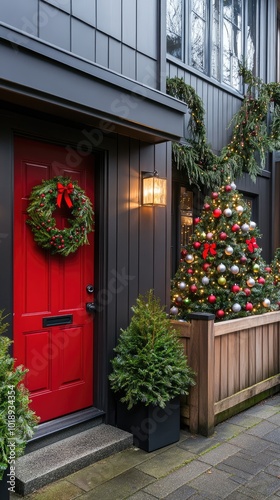 The small house features a bright red door surrounded by festive decorations, including a Christmas tree, wreath, and vibrant ornaments, creating a warm holiday atmosphere