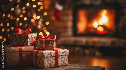 Christmas Presents Wrapped with Red Ribbons by a Cozy Fireplace, with a Beautifully Lit Christmas Tree in the Background, Creating a Warm and Festive Holiday Atmosphere. Image made using Generative AI