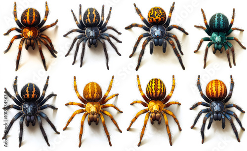 Colorful, unique spider models. A collection of eight spider models arranged in a grid, showcasing diverse colors and patterns, highlighting their intricate details. photo