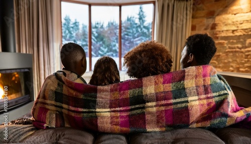 A family sharing a blanket by the fireplace on the couch watching the snow outside