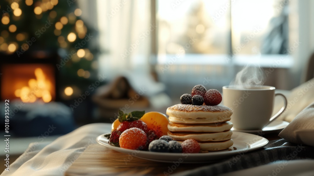 breakfast setting with pancakes, fresh fruit, and a steaming cup of tea breakfast setting with pancakes, fresh fruit, and a steaming cup of tea