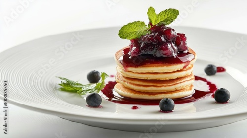 pancakes with a fruit compote topping, garnished with mint leaves on a white plate photo