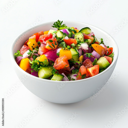 Diced Mixed Salad in a White Bowl on Solid White Background