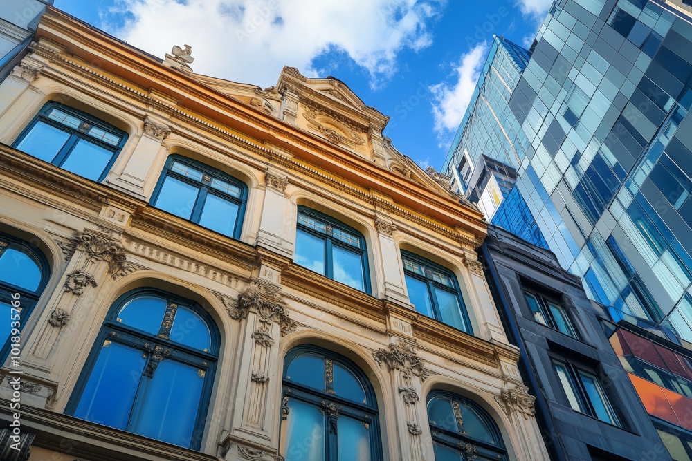 Obraz premium A striking blend of history and modernity in the heart of the city reveals architectural beauty and urban evolution