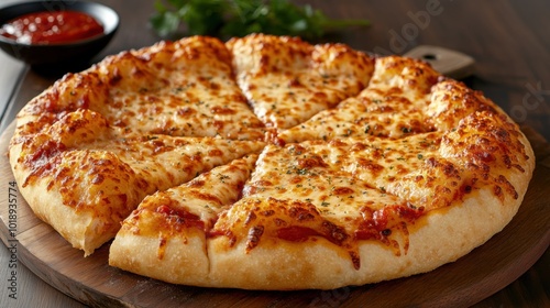 Cheesy garlic bread pizza cut into slices and served on a wooden tray
