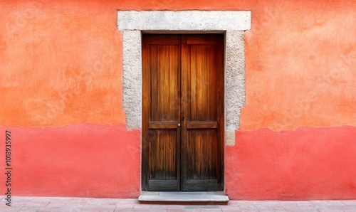 Street view of wooden door and terracotta wall