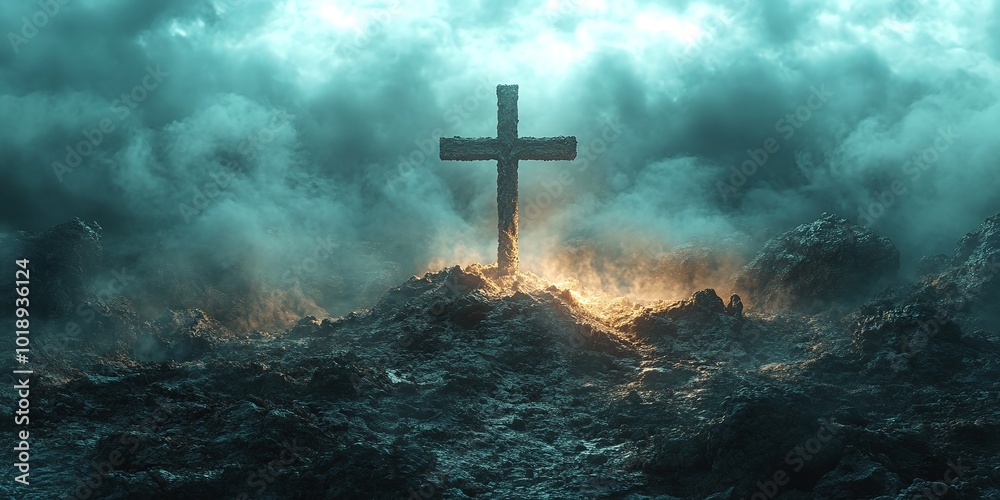 the holy cross on a hill, surrounded by a sky filled with light and clouds, symbolizing the death and resurrection of Jesus Christ, and embodying the hope and grace of Christianity