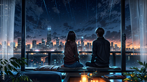 Illustration of a romantic couple looking at the sky from a house with large windows facing the beautiful city night sky. photo