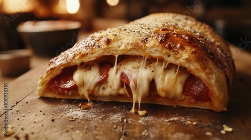  calzone stuffed with cheese and pepperoni, freshly baked and sliced open, showing the filling