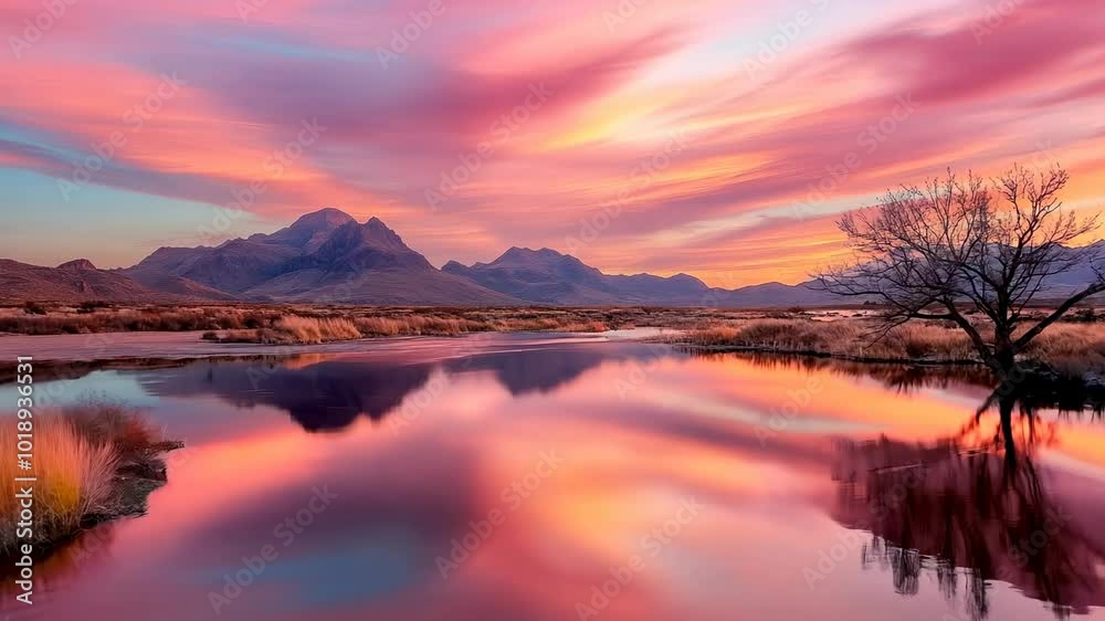 the breathtaking transformation of the sky at dusk as colors dance over the serene river, framed by majestic mountains and a solitary tree. the breathtaking transformation of the sky at dusk as colors dance over the serene river, framed by majestic mountains and a solitary tree.