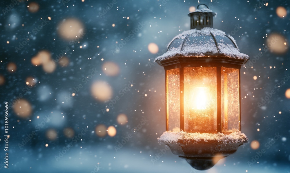 Snow-dusted lantern glowing softly at night with a backdrop of falling snowflakes Snow-dusted lantern glowing softly at night with a backdrop of falling snowflakes