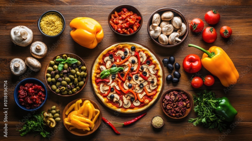 variety of pizza toppings arranged on a wooden table variety of pizza toppings arranged on a wooden table