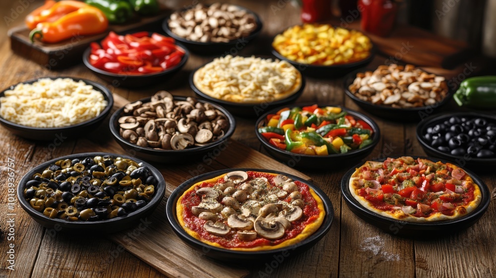 variety of pizza toppings arranged on a wooden table, including mushrooms, olives, and pepper variety of pizza toppings arranged on a wooden table, including mushrooms, olives, and pepper