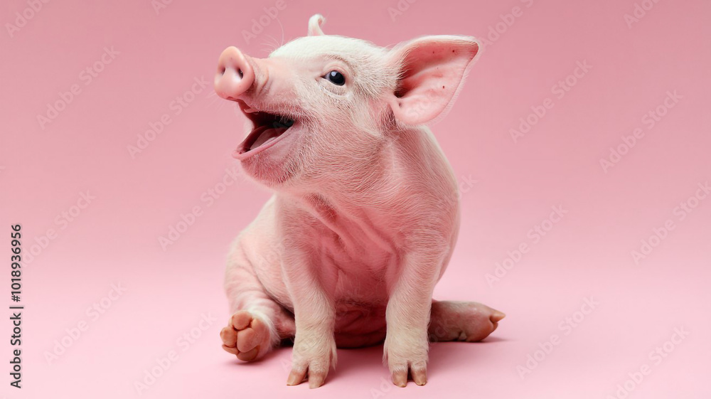Naklejka premium Cute Piglet Sitting on Pink Background Adorable Farm Animal Portrait