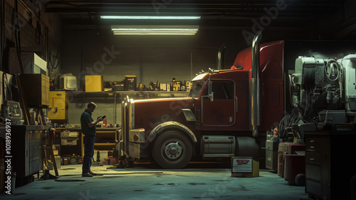 A dedicated mechanic works meticulously in a dimly lit garage, focused on a red truck amidst tools and machinery at sunset