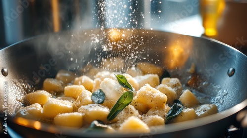 gnocchi being sautÃ©ed in butter and sage, with a sprinkle of Parmesan cheese on top