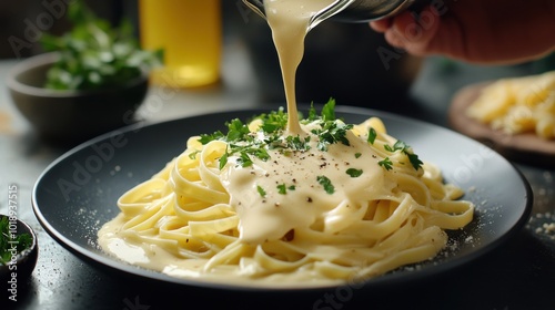creamy Alfredo sauce being poured over fettuccine pasta on a plate, garnished with parsley