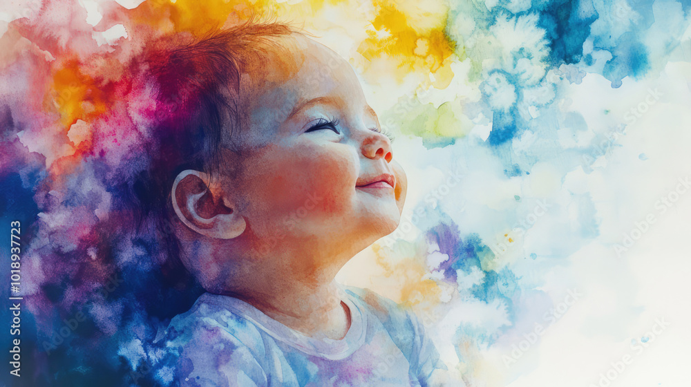 A cheerful baby with closed eyes smiles amidst a vibrant and colorful abstract watercolor background, symbolizing joy and innocence in a dreamy setting.