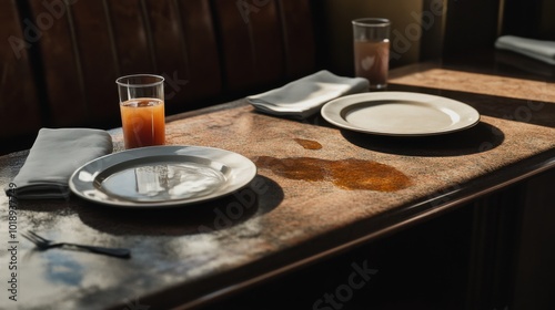 small dining area after brunch, featuring two empty plates, a few napkins, and a small spill from juice