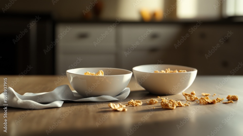 breakfast bar with two empty bowls, a crumpled napkin, and a few crumbs from cereal breakfast bar with two empty bowls, a crumpled napkin, and a few crumbs from cereal