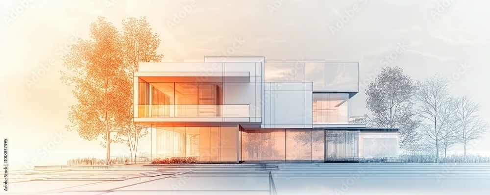 Contemporary architectural design showcased in line art, with a 3D illustration that emphasizes modern aesthetics and clean geometry. Contemporary architectural design showcased in line art, with a 3D illustration that emphasizes modern aesthetics and clean geometry.