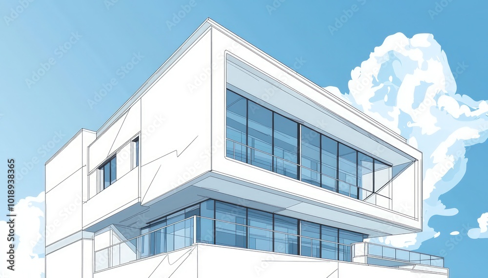 Contemporary white building against a blue sky in minimalist line art Contemporary white building against a blue sky in minimalist line art
