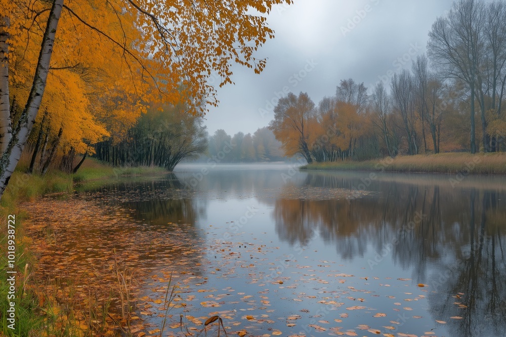 Obraz premium A misty lake reflecting a vibrant autumn forest, creating a calming and atmospheric landscape of serenity.