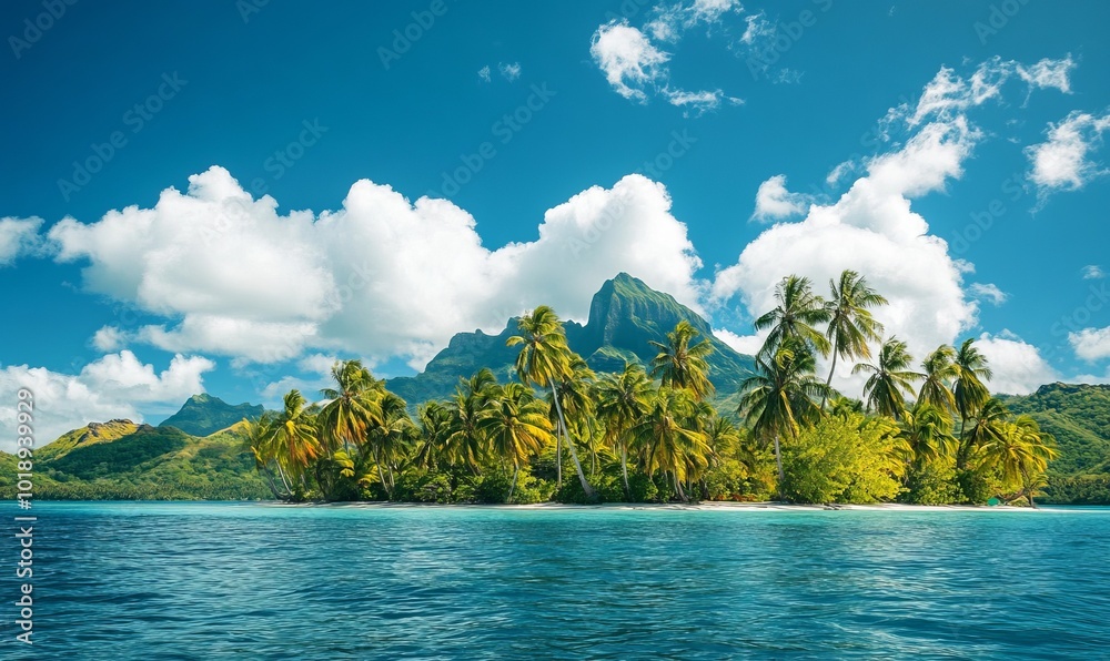 view from the ocean of palm trees, mount oteman and more on the tropical island of bora bora in french polynesia view from the ocean of palm trees, mount oteman and more on the tropical island of bora bora in french polynesia
