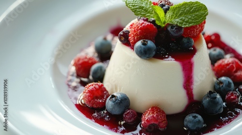 Creamy panna cotta with fresh berries and rich sauce, a treat for the senses.