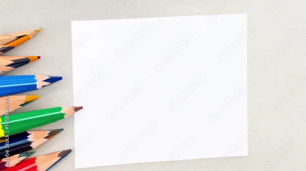 A white sheet paper in the middle, surrounded by colored pencils. Generative AI A white sheet paper in the middle, surrounded by colored pencils. Generative AI