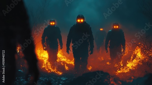 Dark figures with glowing eyes against a flame-lit backdrop, creating an eerie, horror-themed visual narrative. photo