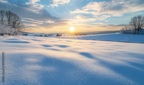 Winter sunset over a snow-covered field, casting soft shadows and a gentle golden glow on the horizon