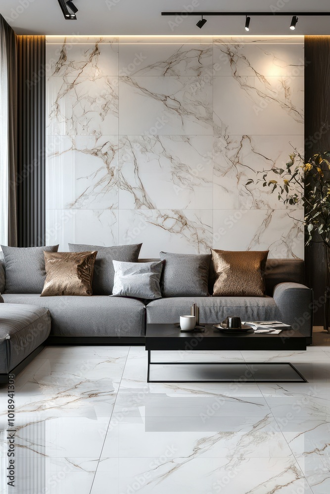 Elegant modern living room with gray sofa and marble floors embodying minimalist style and luxury interior design Elegant modern living room with gray sofa and marble floors embodying minimalist style and luxury interior design